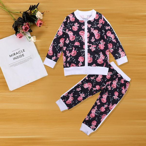 

clothing sets fashion kids girls clothes floral print long sleeve jacket sweatshirts tracksuit pants 1-6t autumn outfits, White