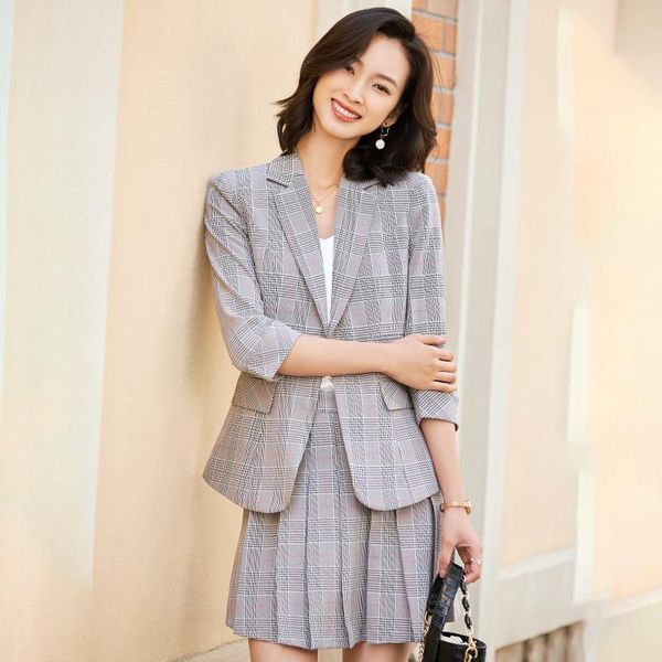 

women skirt suits fashion plaid three-quarter sleeve suit blazer +pleated summer casual office lady two piece dress, White