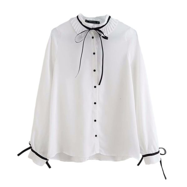 

women's knits & tees elegant women bow pleated o-neck shirts fashion ladies solid white sweet female chic chiffon blouse loos