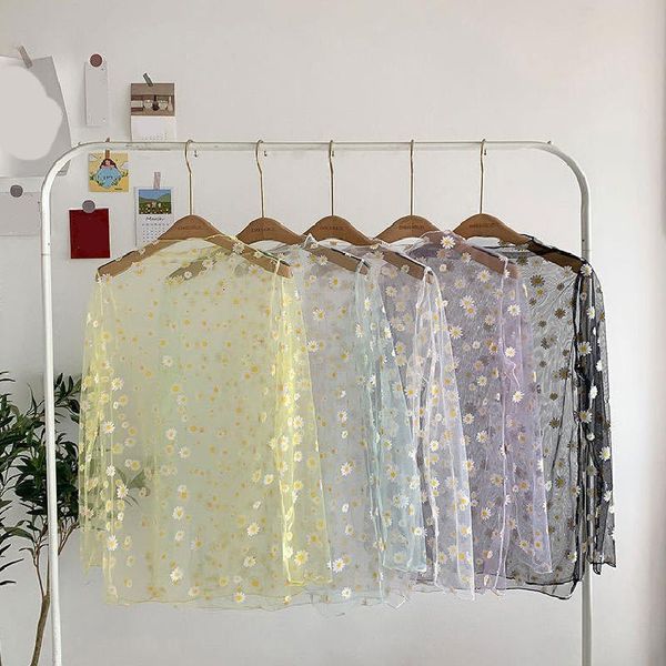 

women's t-shirt arrival summer daisy flower print mesh t shirt women sweet korean long sleeve fishnet fashion sunscreen tee, White