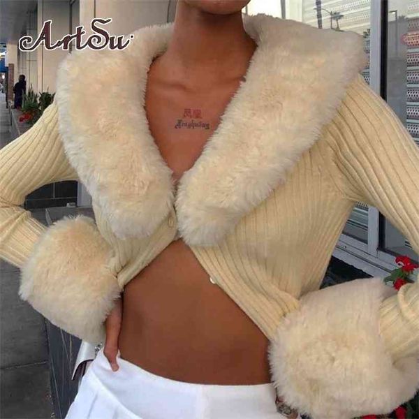 

artsu ribbed knitted cardigans sweaters with fur trim collar long sleeve slim autumn winter jumpers women knitwear chic 4 210812, White
