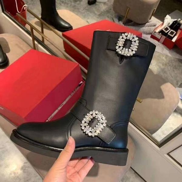 

boots lxqzym genuine leather rhinestone square buckled mid-calf round toe flat heel comfortable autumn winter shoes black