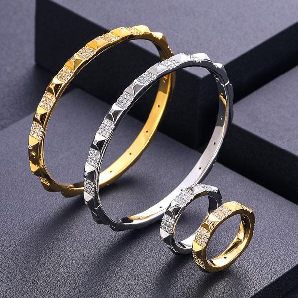 

earrings & necklace accking luxury 2pcs cubic zirconia fashion style women wedding bridal earring ring bracelet jewelry set dubai gift, Silver