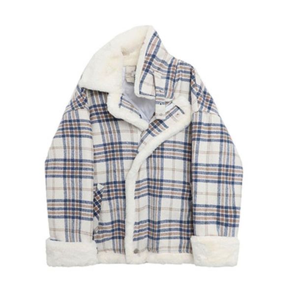 

women's wool & blends winter jackets casual plaid loose large size female woolen coats patchwork trendy faux fur trim lady outerwear mu, Black