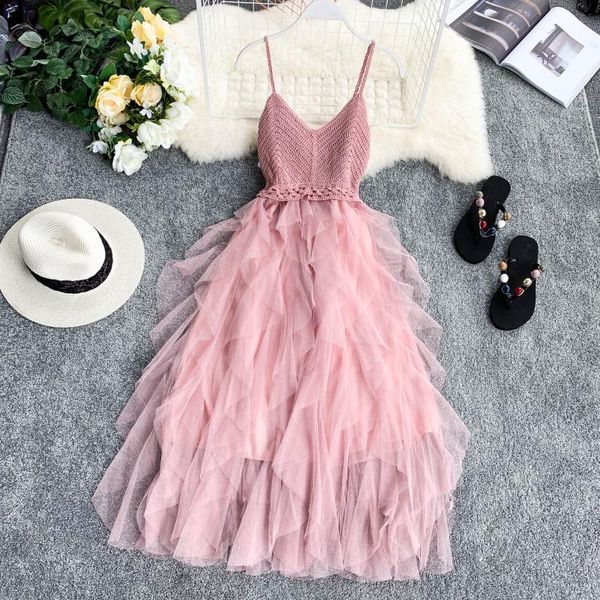 

spaghetti strap dress summer women clothes layer-by-layer mid calf cake dresses 210507, Black;gray
