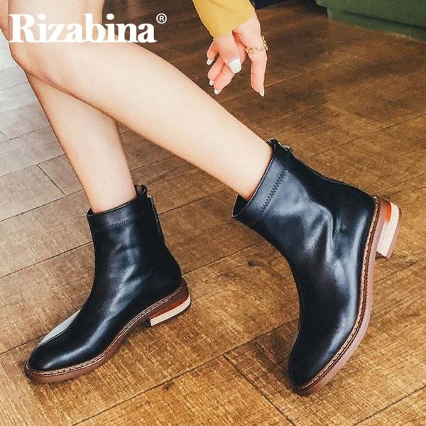 

boots rizabina size 34-42 real leather women ankle flats round toe back zipper shoes warm fashion party footwear, Black