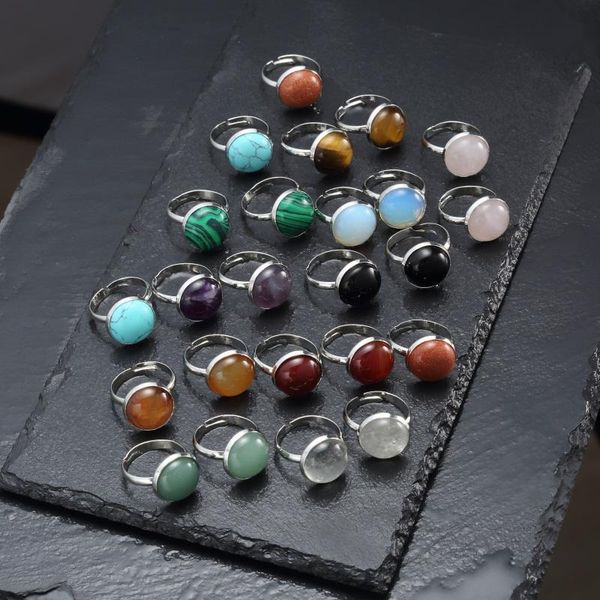 

cluster rings silver color 12mm round natural stone ring tiger eye opal pink crystal adjustable for women pendientes jewelry, Golden;silver
