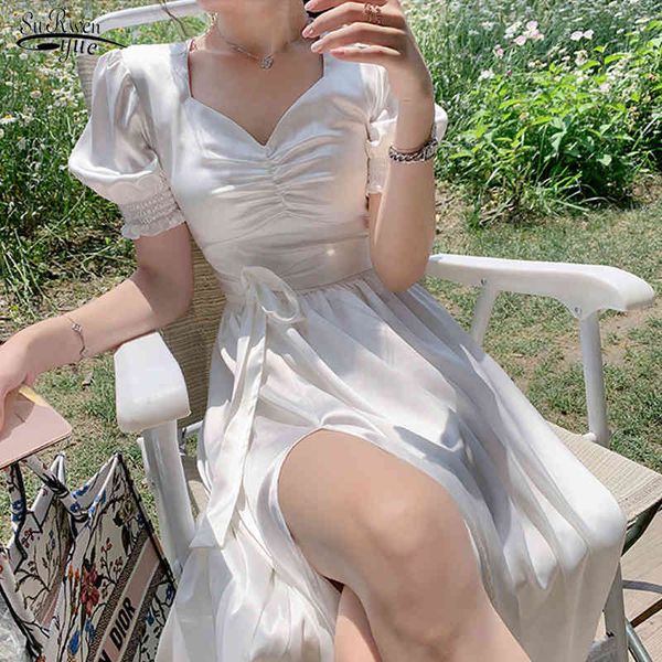 

puff sleeve casual midi dress elegant split v neck summer party es fairy satin white women robe femme 13261 210521, Black;gray