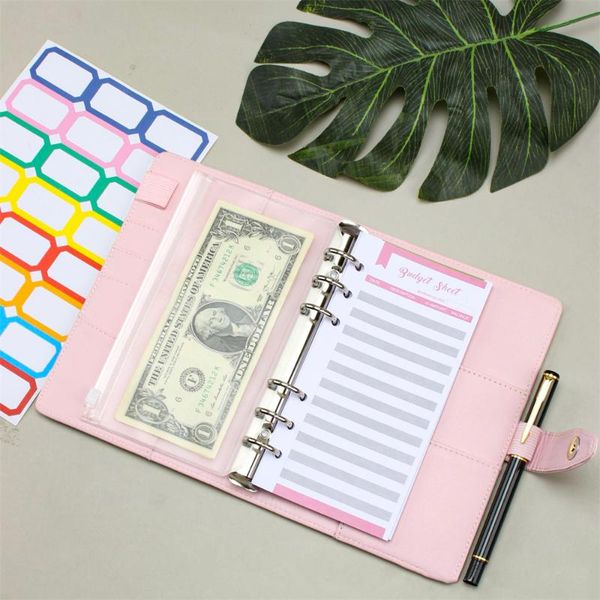 

notepads a6 binder zipper bag macaron color notebook spliced pu loose-leaf book cash budget hand, Purple;pink