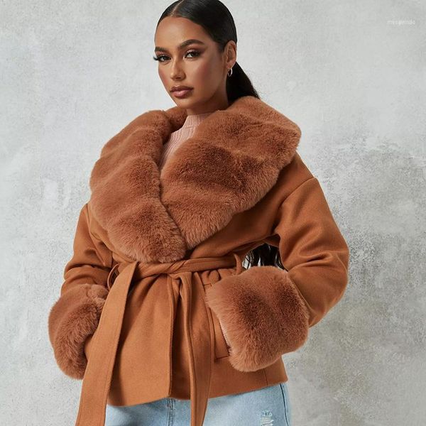 

women's wool & blends katara fashion autumn winter tie belt coats women elegant faux fur patchwork jackets casual slim ladies1, Black