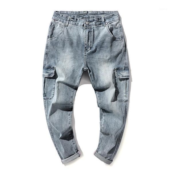 

harem pants fashion light blue stretch loose men jeans fit 2021 spring and summer side pockets designer oversized trousers