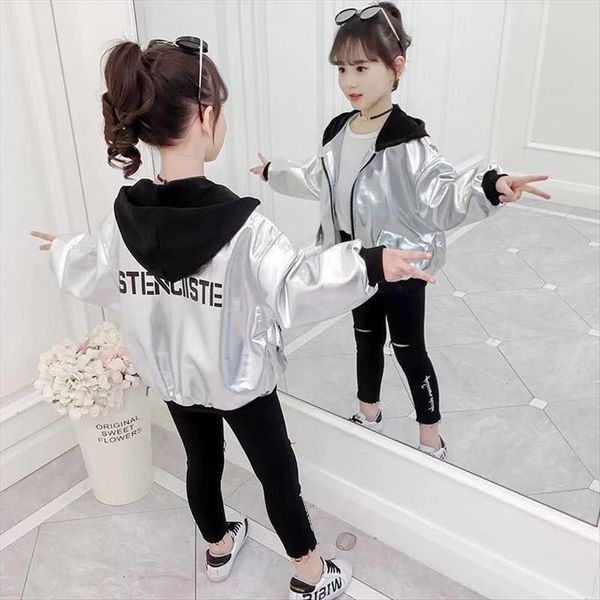 

girls sport leather jacket spring fall kids hoodies coat reflective silver long sleeve outerwear girl clothes children clothing, Blue;gray