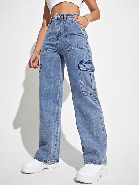 

high waisted flap pocket cargo jeans z66e#, Blue