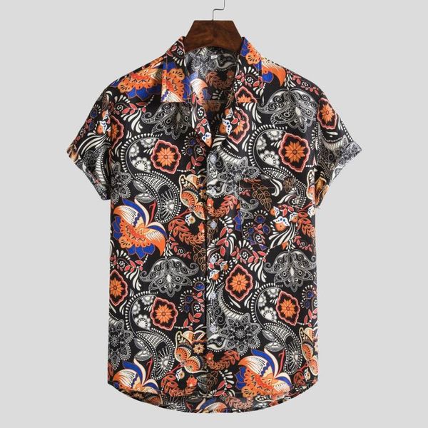 

men's casual shirts est hawaiian shirt for mens ethnic style printing loose turndown collar short sleeve, White;black