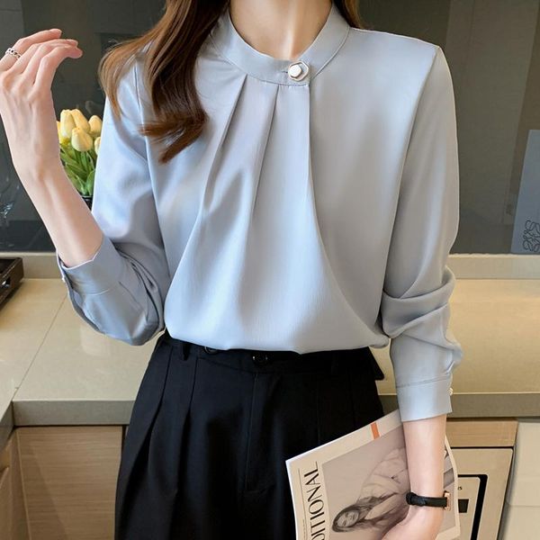 

women's blouses & shirts chikichi 2021 spring and autumn style korean fashion elegant round neck solid color satin loose ladies long-sl, White
