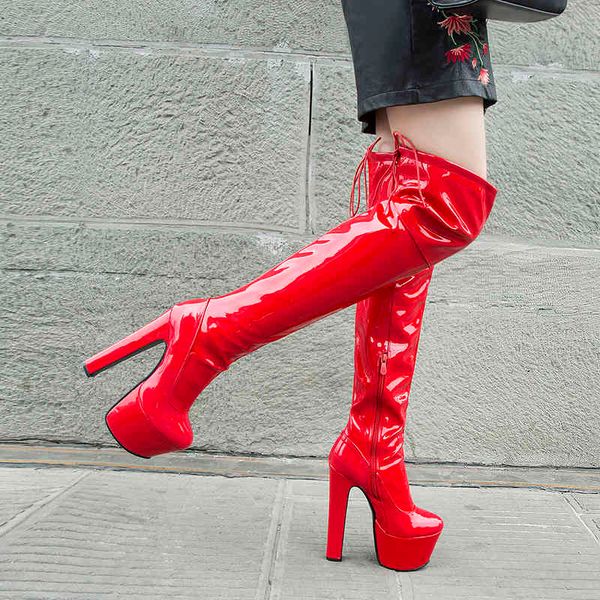 

boots rimocy women's boots platform above the knees, five inches high red leather patent, long boots, black winter shoes 63ct