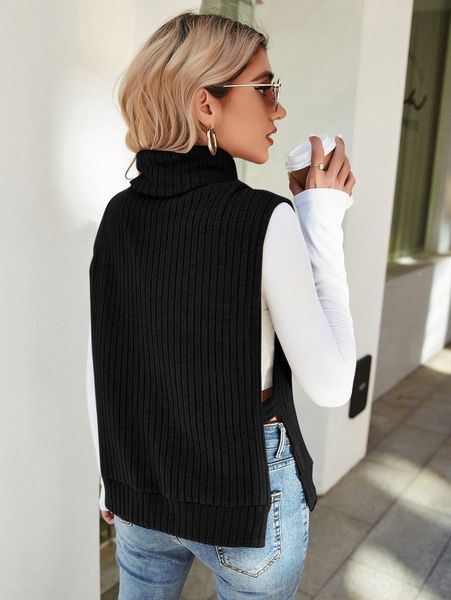

turtleneck ribbed knit split hem tank without tee h2fd#, White