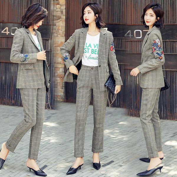 

plaid suit small suits women autumn fashion embroidery occupation feet pants two-piece women's two piece, White