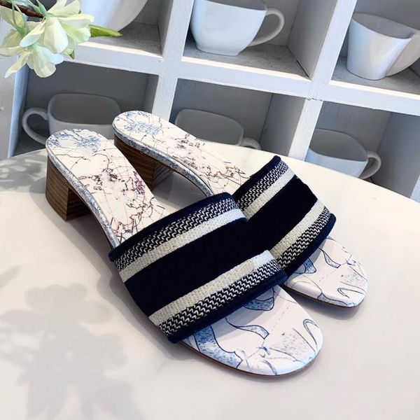 

sandals ladies slippers thick high heels footwear summer fashion outside women mules shoes brand embroidered, Black