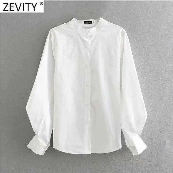 Zevidade Mulheres Fashion Stand Collar Lanterna Lanterna Branco Blusa Escritório Senhoras Camisas Casuais Chic Chamise Blusas Tops LS7391 210603