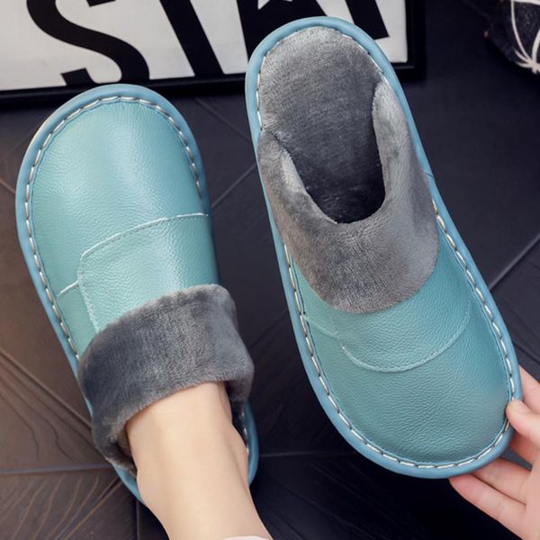 

slippers genuine leather winter warm men shoes waterproof women couples non-slip plush cotton home autumn hh430, Black
