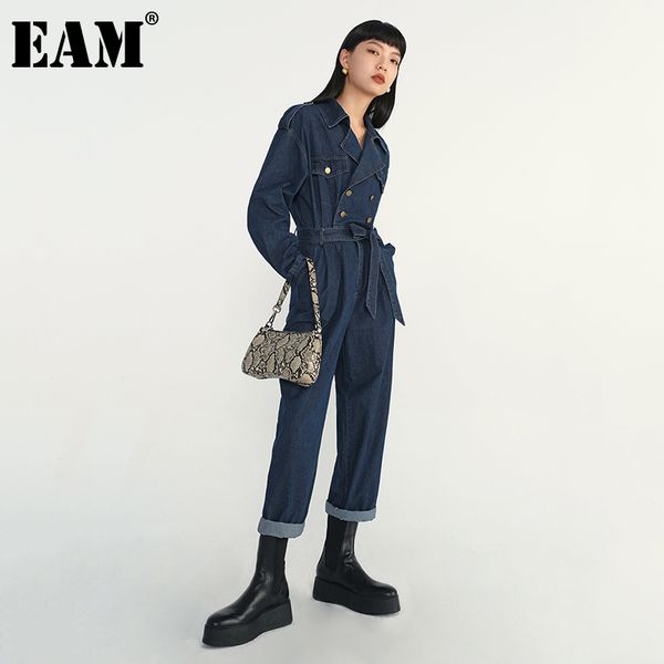 

[eam] loose fit women dark blue belt denim jumpsuit high waist pocket stitch pants fashion spring autumn 1dd5864 21512, Black;white