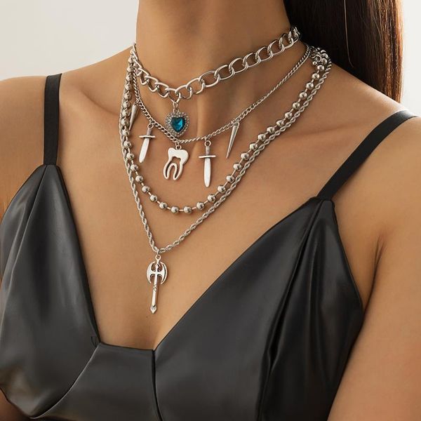 

pendant necklaces exaggerated hip-hop hollow teeth multi- necklace punk cross geometric stacking imitation gemstone, Silver