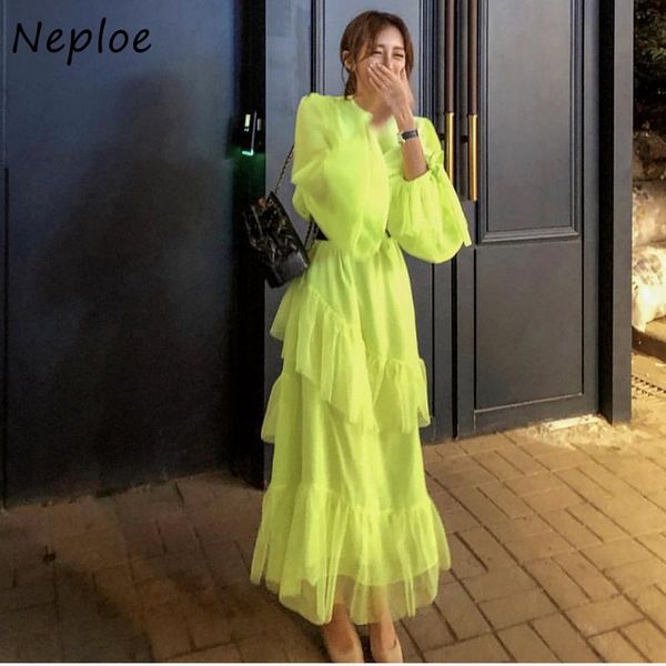 

casual dresses neploe sweet fairy fluorescent green robe female lantern sleeve o-neck maxi dress women layers ruffled 2021 vestido mujer, Black;gray