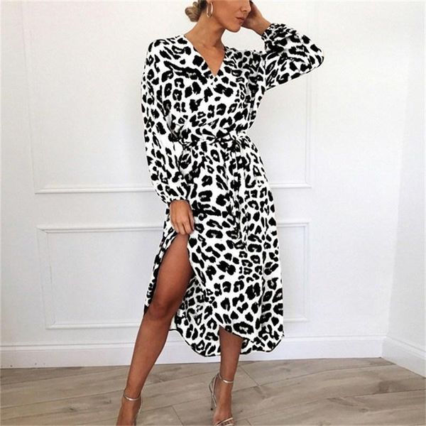 

casual dresses leopard dress 2021 women vintage long beach irregular loose sleeve v-neck party fulldress longuette, Black;gray