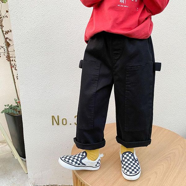 

trousers children's pants 2021 autumn boys' pure color ribbon loose casual splicing straight tube wide leg trouser 3-211, Blue