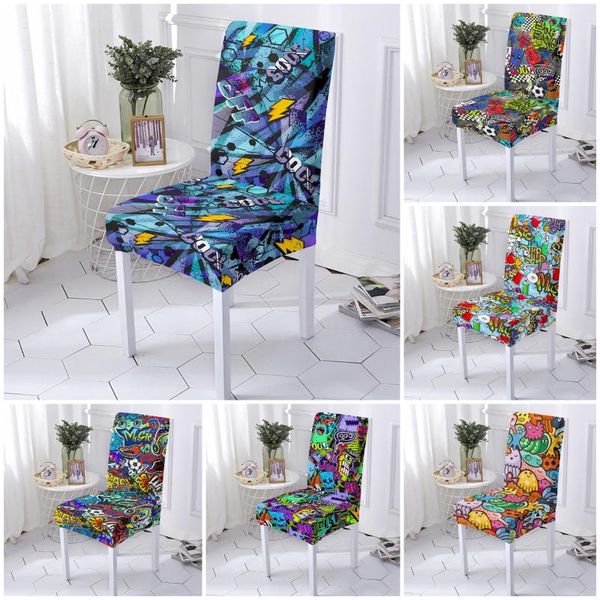

spandex elastic chair cover graffiti style stretch slipcover dining room universal size for banquet 1/2/4/6pcs covers