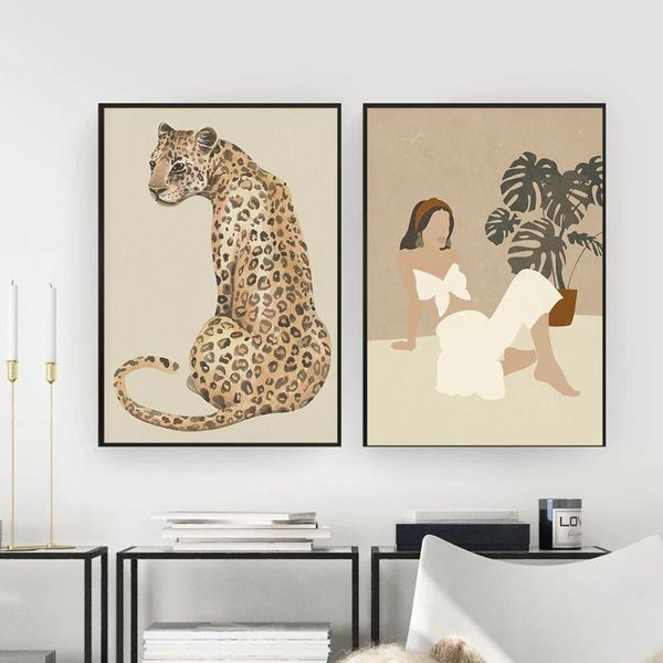 

boho woman cheetah posters and prints canvas painting leopard animal wall art picture for living room nordic style home decor paintings