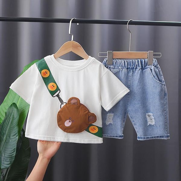 

childrens summer boys short sleeve set baby cute cartoon cotton t denim shorts two piece, White