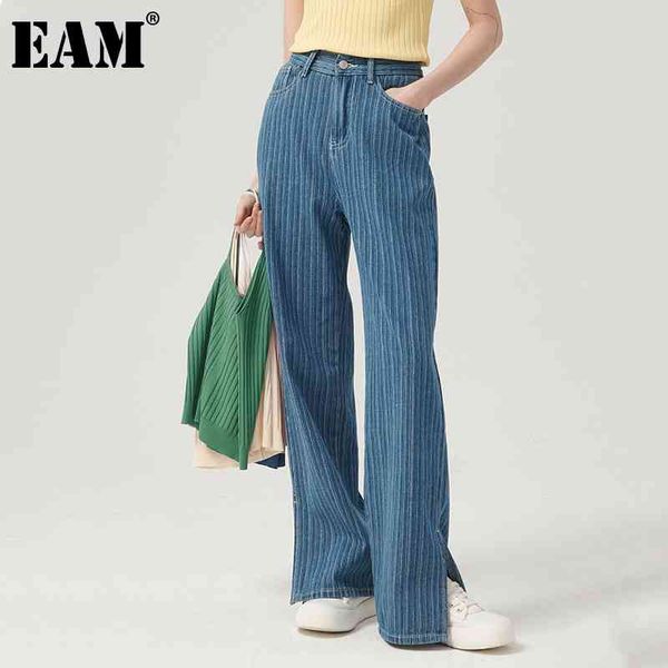 

[eam] high waist blue long striped denim wide leg jeans loose women trousers fashion spring autumn 1dd7920 210512