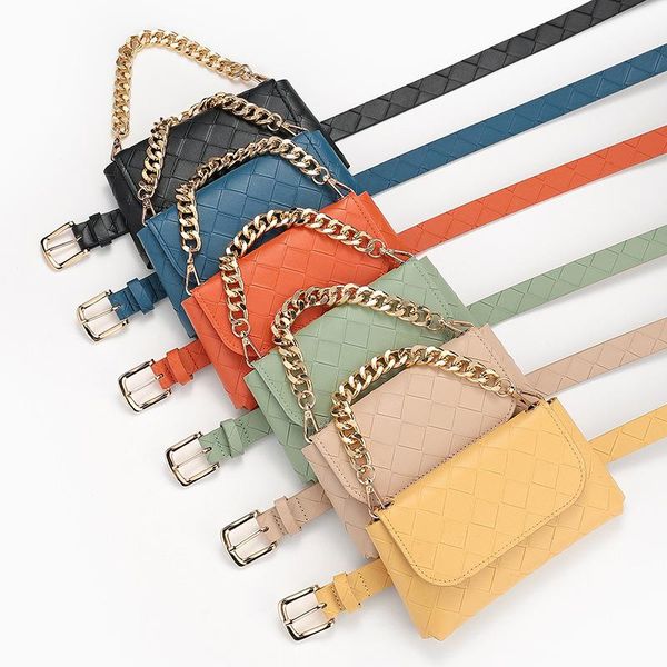 

waist bags 2021 weave pattern casual decoration chain bag belt lady candy color retro pin buckle female trend designer