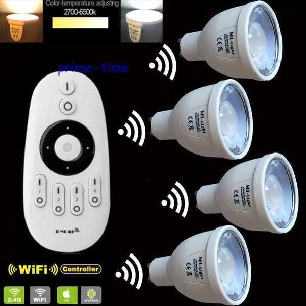 

bulbs 4x 2.4g gu10 6w color temperature adjustable dual white cw+ww cct wiifi compatible led bulb +1x2.4g mi.light wireless remote