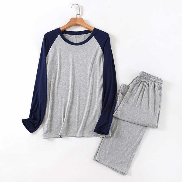 

plus size 4xl long sleeve soft modal home clothes for men autumn 2 pieces set male pajamas casual patchwork homewear sleepwear 211019, Black;brown