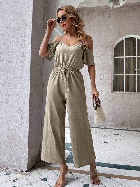 

cold shoulder drawstring waist jumpsuit x0c9#, White
