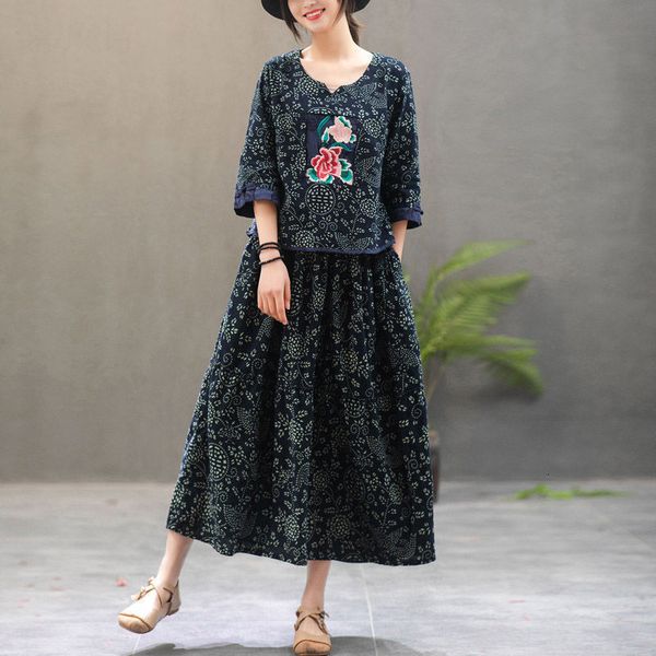 

women's cotton linen set will see literary retro-flax with cleavage v chinese-style chinese t-shirt ethnic skirt 2 piece yo1k, Black
