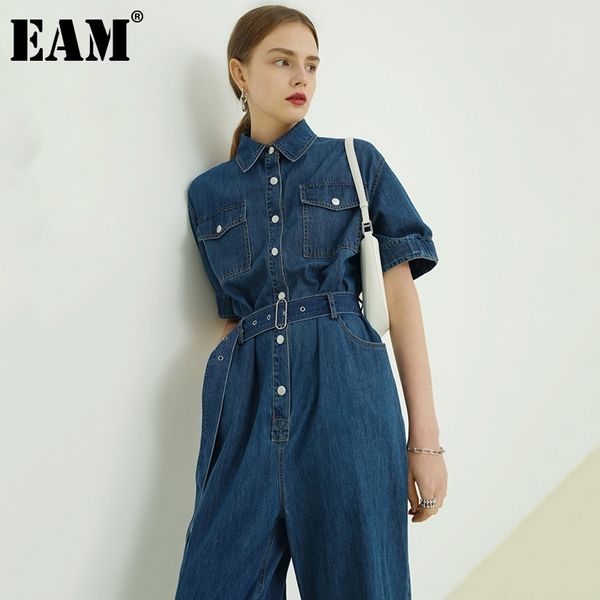 [Eam] solto apto mulheres azuis solteiro jeans peito jumbsuit alta cintura de cintura bolso calças moda primavera verão 1d8723 21512