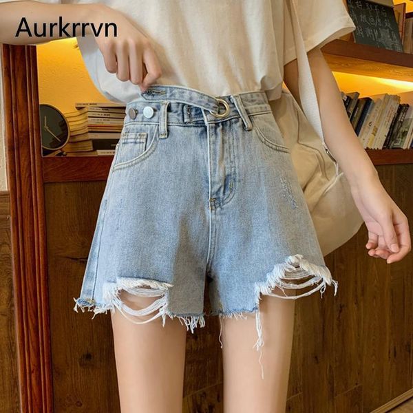 

women's jeans aurkrrvn casual wide leg short woman chic high waist buttons mini hole women night club ripped oversize denim jean, Blue