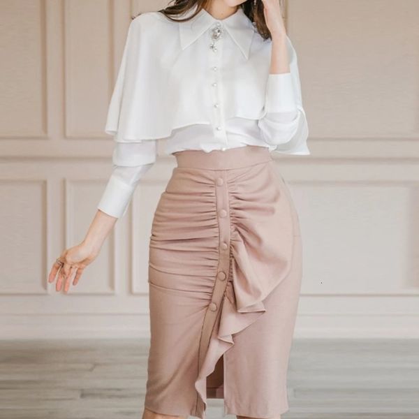 

two piece dress spring korean version of the slim tulle cape shirt + waist ruffled ruffle skirt i5st, White