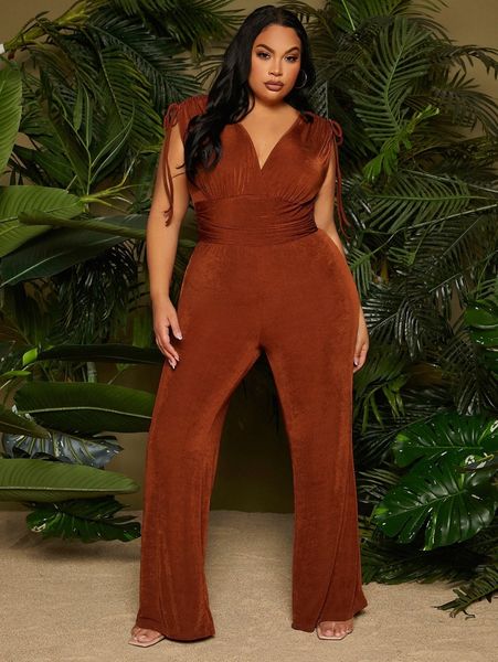 

sxy plus plunging ruched drawstring trim jumpsuit q1z6#, Black