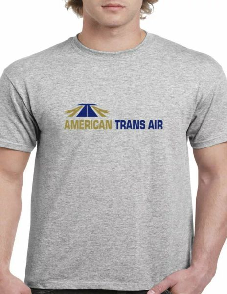 

american trans air ata retro logo tee us airline sport gray cotton t-shirt, White;black