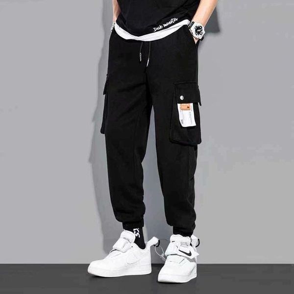 

joggers cargo pants for men casual hip hop hit color pocket male trousers sweatpants streetwear ribbons techwear xxxl men's, Black