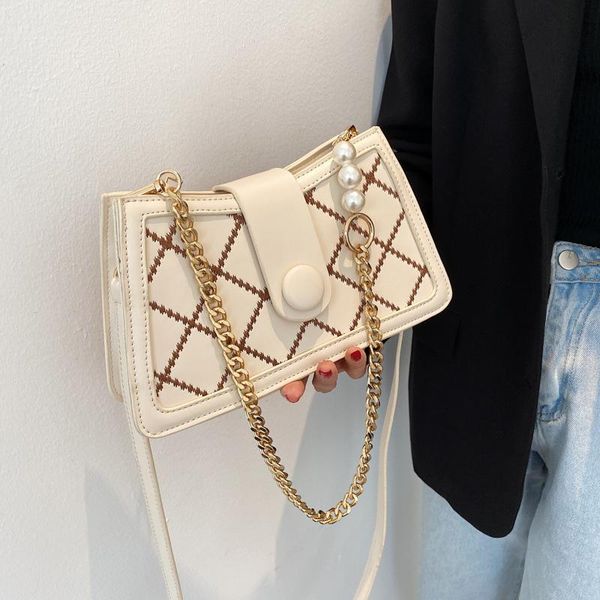 

shoulder bags pearl design underarm for women 2021 plaid chains strap fashion female crossbody bag summer handbags