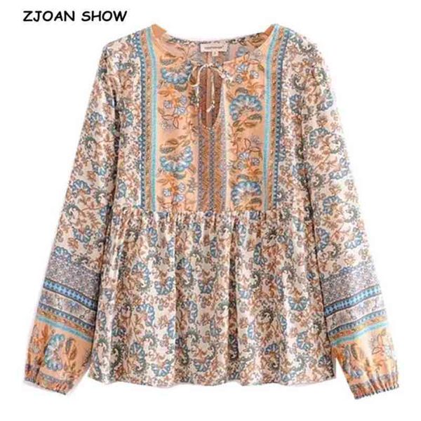 Outono Bohemian Bege Laranja Floral Impressão Pulôver Camisa Étnica Mulheres Bell Bow Lace Up O Pescoço Blusa de Manga Longa Tops 210429