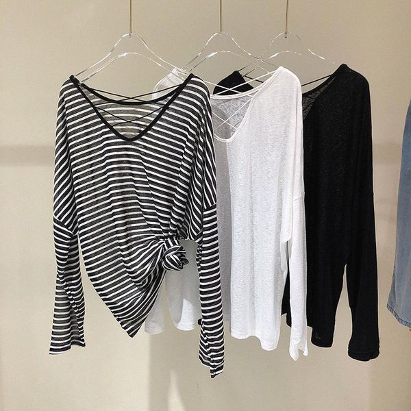 

women's t-shirt v-neck strap backless striped long sleeves loose women s3105, White