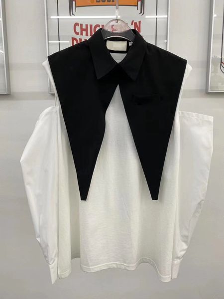 

2021 women white black split joint big size t-shirt round neck long sleeve fashion tide spring autumn