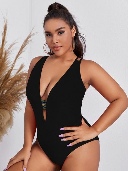 

plus plunging one piece swimsuit z3nu#, Black